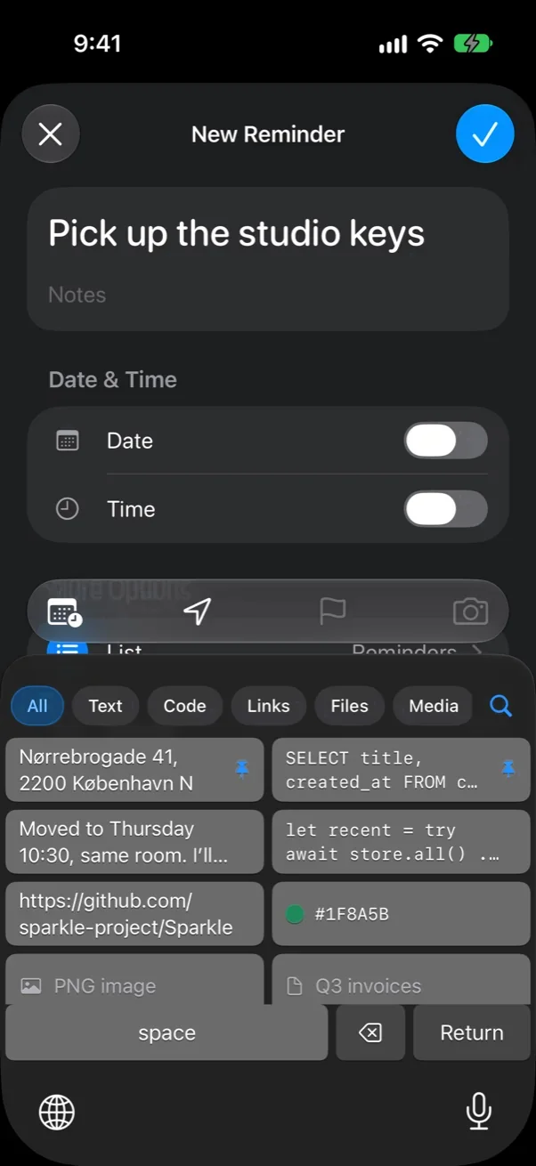 The CopyHop keyboard in Reminders on an iPhone, with Category filters and the latest Clips as keys.