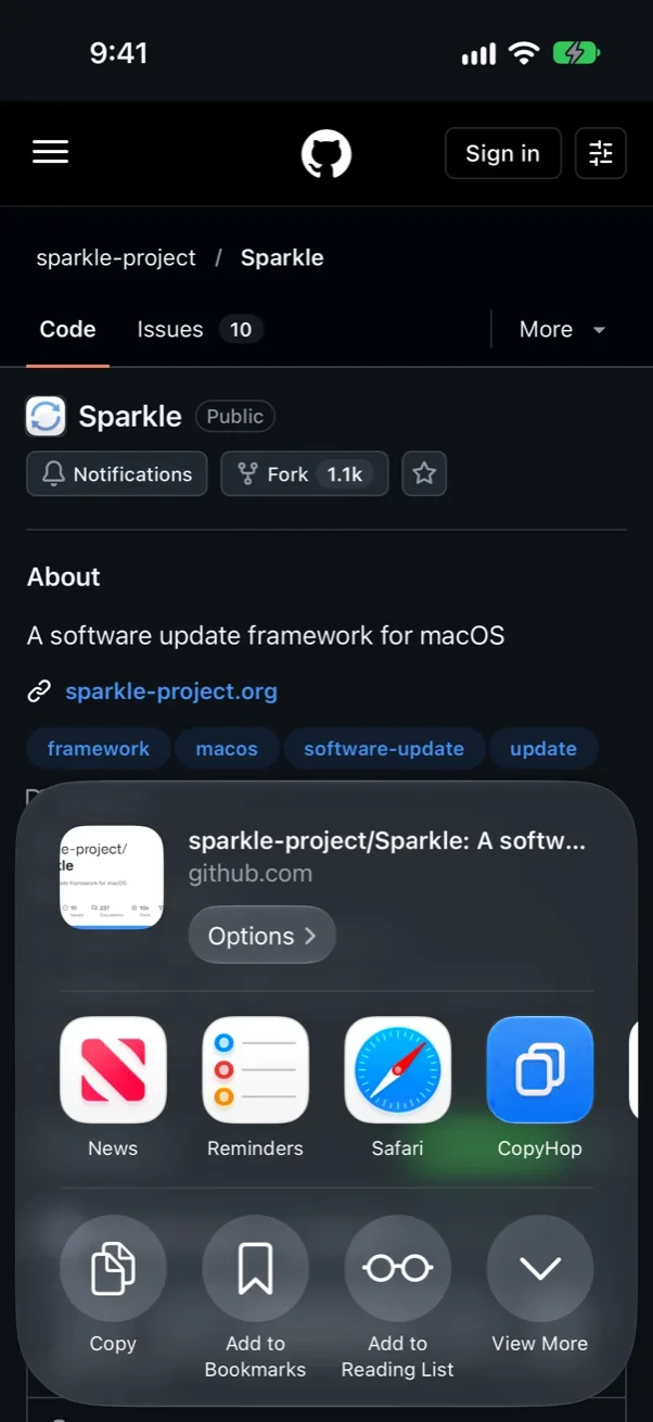 The iOS share sheet in Safari with CopyHop in the row of apps, for saving the page as a Clip.