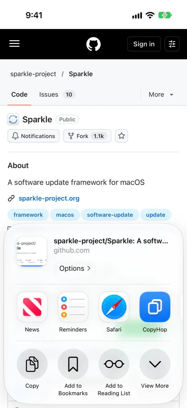 The iOS share sheet in Safari with CopyHop in the row of apps, for saving the page as a Clip.